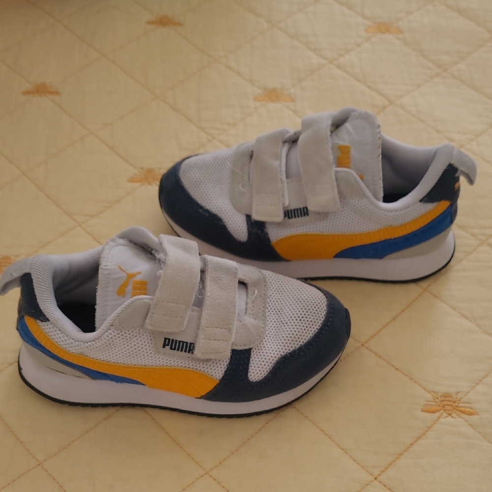 Super Cute Comfy Play Puma Kids Shoes - White, Blue, and Yellow